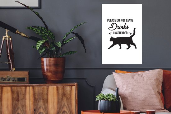 Sticker Muursticker Citations Chats - Citation Chats ''merci de ne pas laisser les boissons sans surveillance'' sur fond blanc - 40x60 cm - film adhésif autocollant - sticker mural repositionnable