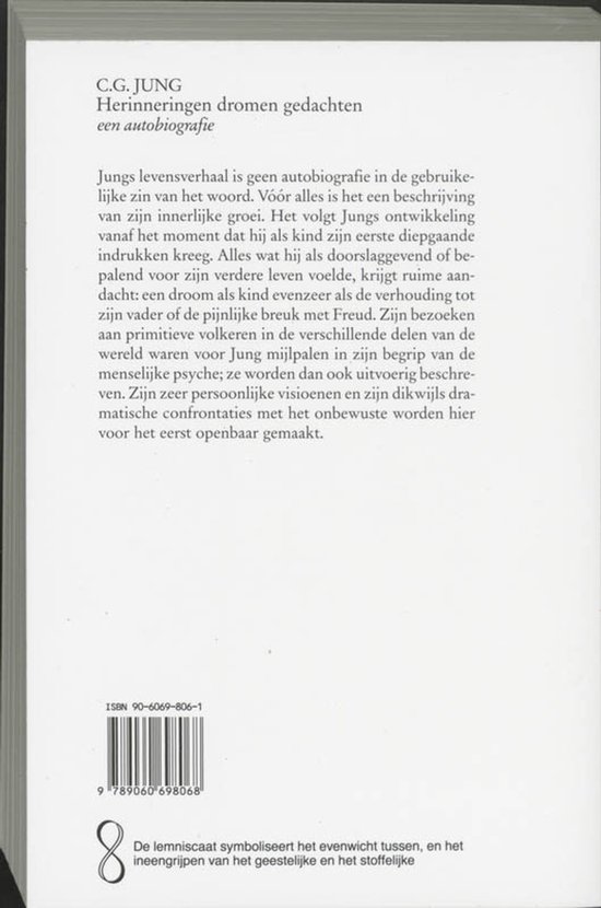 Achterkant boek met tekst over C.G. Jungs autobiografie Herinneringen dromen gedachten. ISBN 90-6069-806-1.