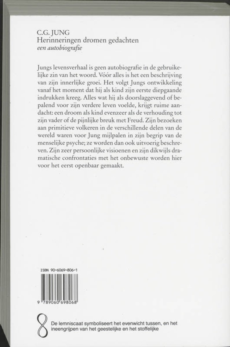 Achterkant boek met tekst over C.G. Jungs autobiografie Herinneringen dromen gedachten. ISBN 90-6069-806-1.