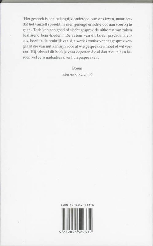 Boekrug met Nederlandse tekst over gespreksvoering en isbn.