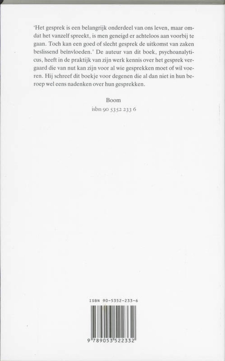 Boekrug met Nederlandse tekst over gespreksvoering en isbn.