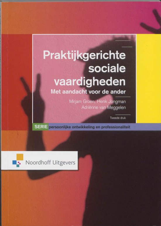 Boek 'Praktijkgerichte sociale vaardigheden' met een schaduw van een persoon met opgeheven vinger en 'Noordhoff Uitgevers' logo.