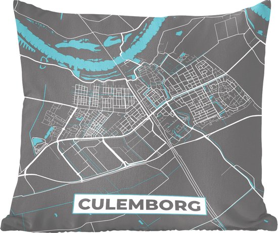 Sierkussens - Kussentjes Woonkamer - 60x60 cm - Plattegrond - Culemborg - Grijs - Blauw - Stadskaart