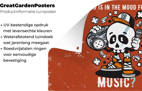 Tuinposter 60x40 cm - Tuindecoratie Vintage - Schedel - Muziek - Poster voor in de tuin - Buiten decoratie - Schutting tuinschilderij - Tuindoek muurdecoratie - Wanddecoratie balkondoek