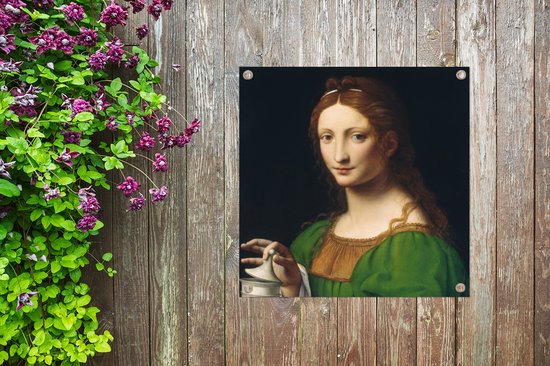 Tuinposter 100x100 cm - Tuindecoratie Maria Magdalena - Leonardo da Vinci - Poster voor in de tuin - Buiten decoratie - Schutting tuinschilderij - Tuindoek muurdecoratie - Wanddecoratie balkondoek