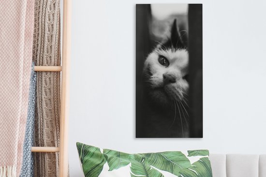 Tableau sur toile représentant un chat noir et blanc de profil - 20 x 40 cm - Décoration murale