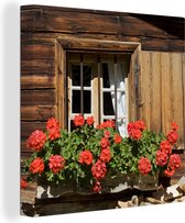 Toile Peinture Fenêtre avec fleurs de géranium en fleurs - 90x90 cm - Décoration murale