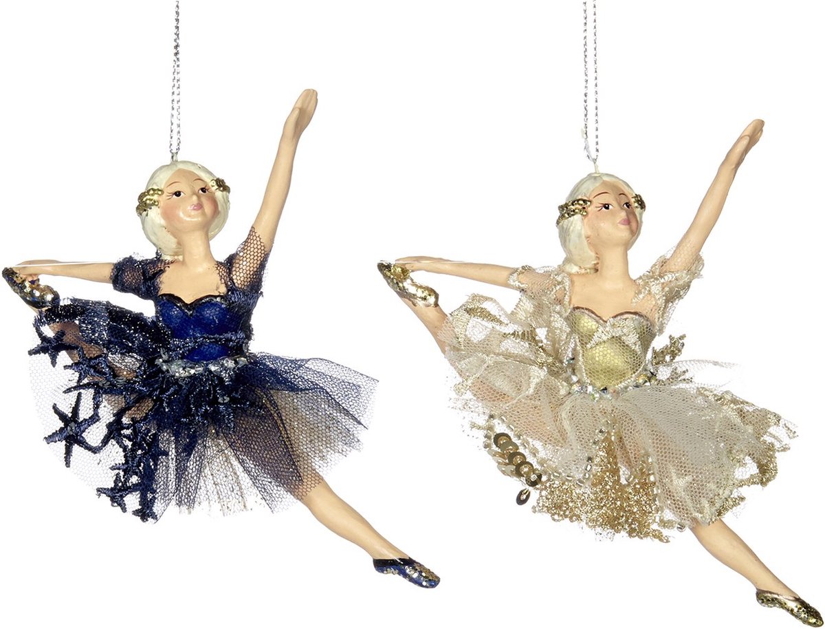 Viv! Christmas Kerstornament - Ballerina's tule rok met sterren - set van 2 - blauw goud - 15cm