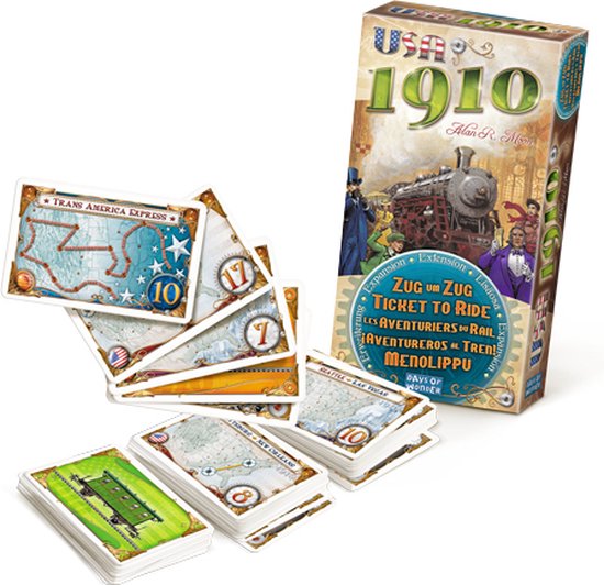 De USA 1910 uitbreiding van Ticket to Ride met speelkaarten en doos.