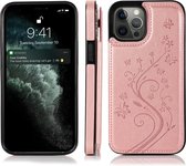 Hoesje geschikt voor iPhone 13 Pro Max - Backcover - Pasjeshouder - Portemonnee - Bloemenprint - Kunstleer - rose goud