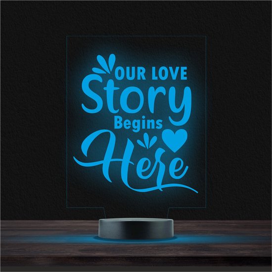 Led Lamp Met Gravering - RGB 7 Kleuren - Our Love Story Begins Here
