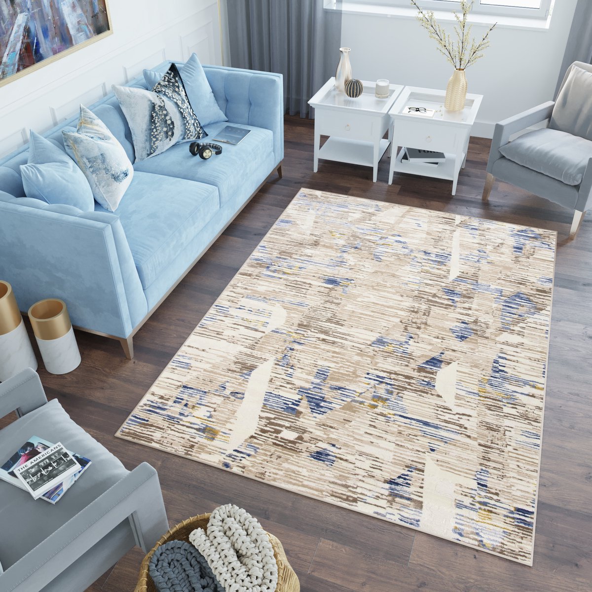 Tapiso Asthane Vloerkleed Beige Blauw Slaapkamer Woonkamer Tapijt Maat - 120x170