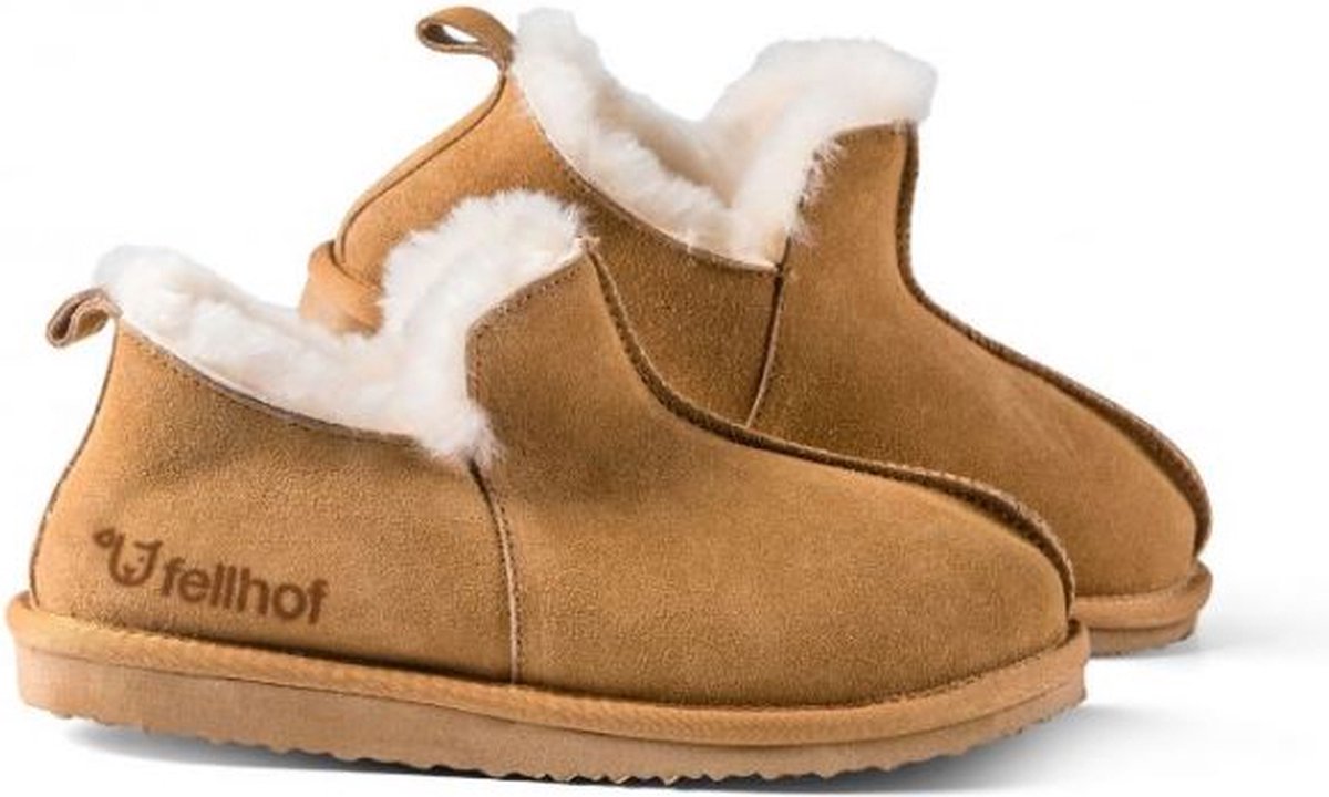 Fellhof Rhino gevoerde pantoffels dames en heren maat 41 – bruin – lamswol – lamsleer - warme pantoffels – wollen pantoffels - sloffen – antislip zool