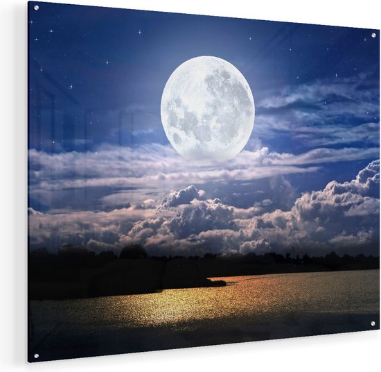 Artaza Glasschilderij - Volle Maan bij het Water - 100x80 - Groot - Plexiglas Schilderij - Foto op Glas