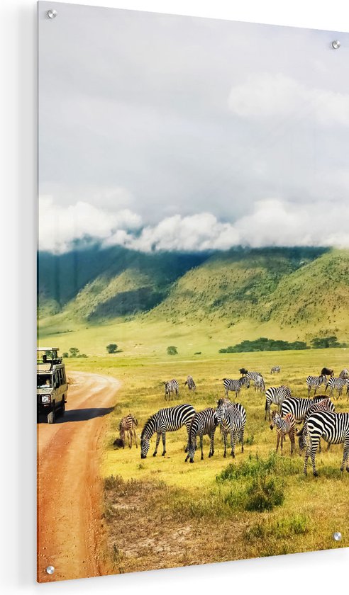 Artaza Glasschilderij - Safari Auto tussen de Zebra's - Plexiglas Schilderij - Foto op Glas