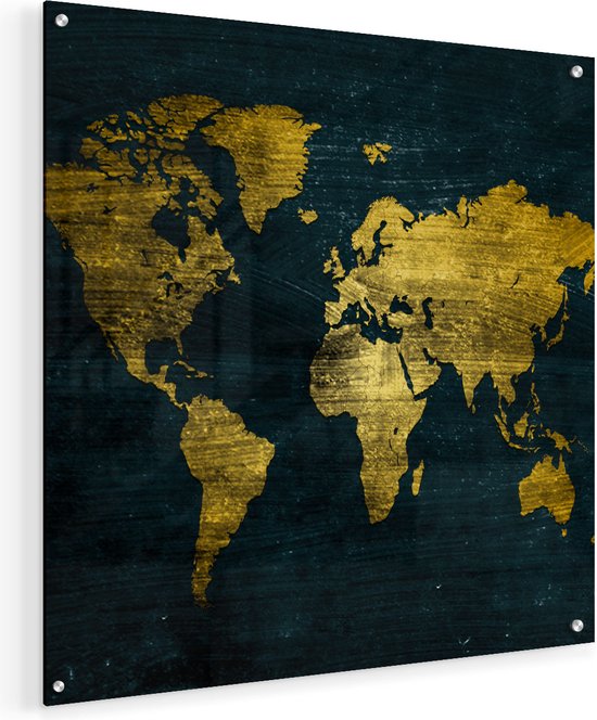 Artaza Glasschilderij - Gouden Wereldkaart - 50x50 - Plexiglas Schilderij - Foto op Glas