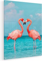 Artaza Glasschilderij - Twee Flamingo's in een Hart Vorm in het Water - 60x75 - Plexiglas Schilderij - Foto op Glas