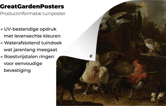 Tuinposter 200x200 cm - Tuindecoratie Vogels in een park - Schilderij van Melchior d'Hondecoeter - Poster voor in de tuin - Buiten decoratie - Schutting tuinschilderij - Tuindoek muurdecoratie - Wanddecoratie balkondoek