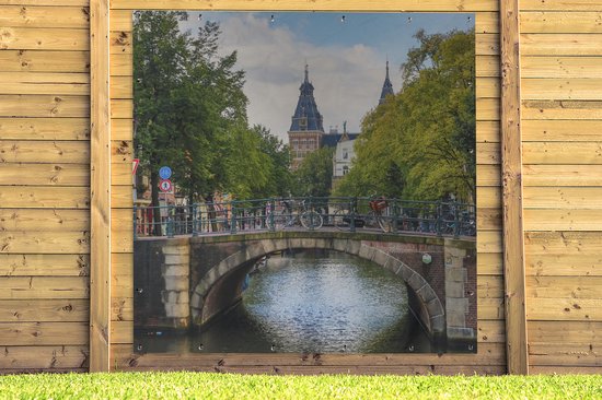 Tuinposter 200x200 cm - Tuindecoratie Amsterdamse architectuur aan de Spiegelgracht - Poster voor in de tuin - Buiten decoratie - Schutting tuinschilderij - Tuindoek muurdecoratie - Wanddecoratie balkondoek