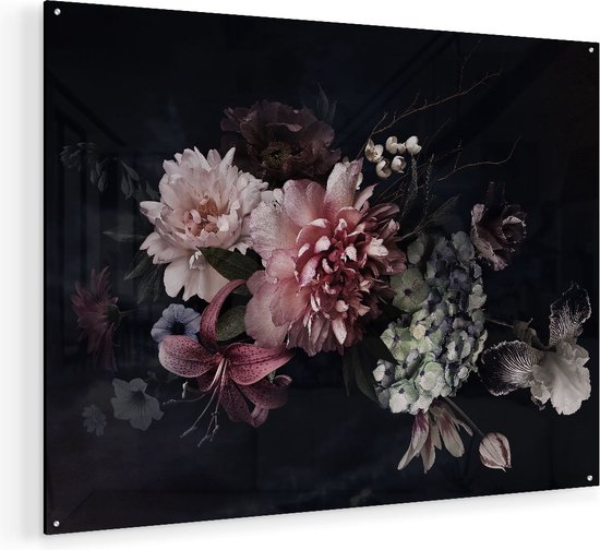 Artaza Glasschilderij - Diverse Bloemen Op Zwart Achtergrond - 100x75 - Groot - Plexiglas Schilderij - Foto op Glas