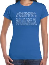 Glitter Super Mama t-shirt blauw met steentjes/ rhinestones voor dames - Moederdag cadeaus - Glitter kleding/ foute party outfit L