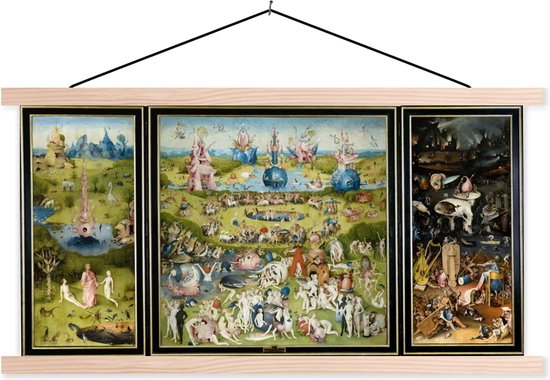 Posterhanger incl. Poster - Schoolplaat - Tuin der lusten - schilderij van Jheronimus Bosch - 150x75 cm - Blanke latten
