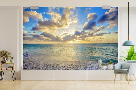 Muralo Fotobehang, strand, zee, duinen, zon, hemel, water, landschap, natuur, 3D-effect, moderne wandbehang, wanddecoratie voor woonkamer, slaapkamer, eetkamer, br. 520 cm x hoogte. 318 cm
