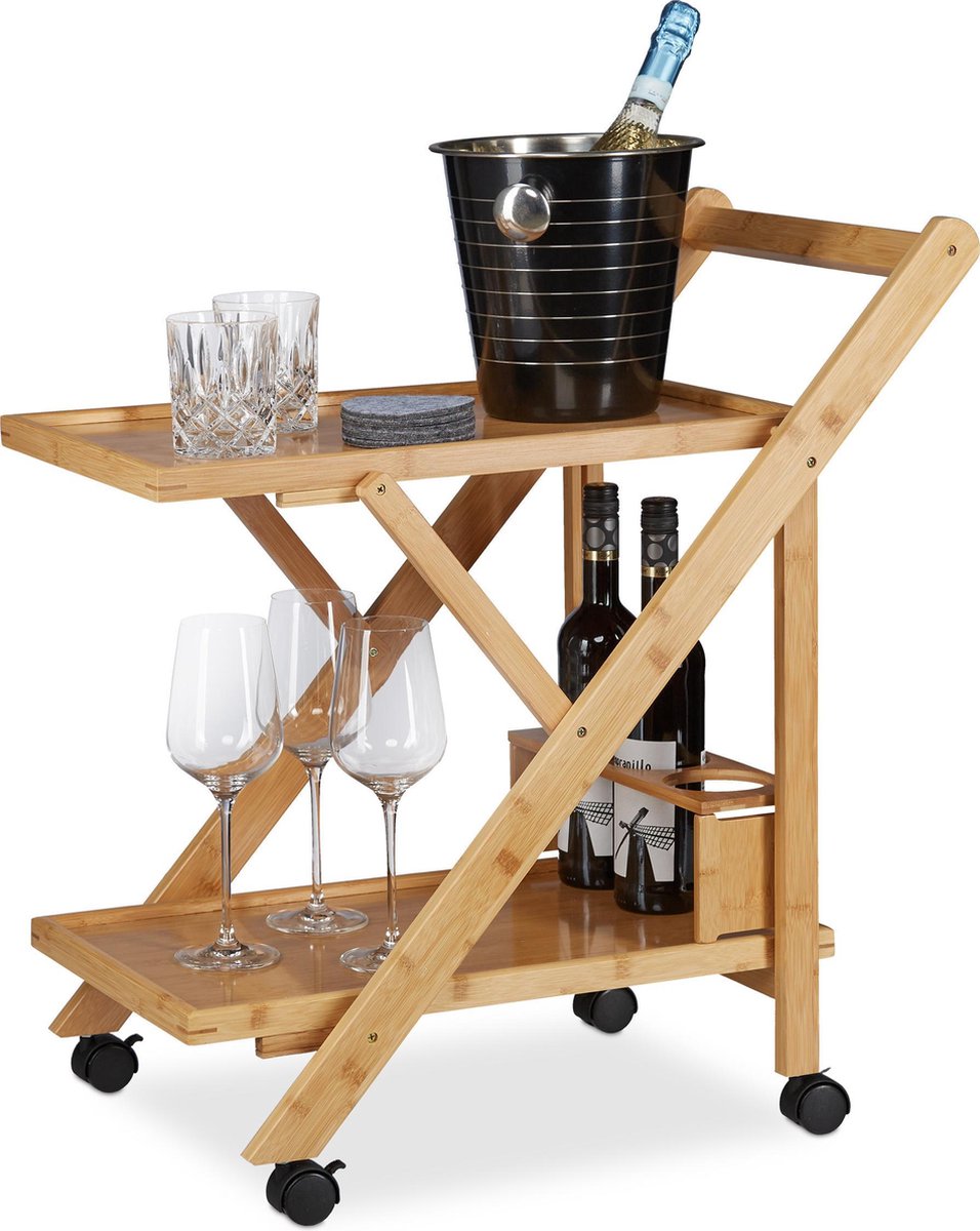 Bol.com keukentrolley bamboe - 2 etages - inklapbaar - 70 x 40,5 x 65 cm - serveerwagen aanbieding