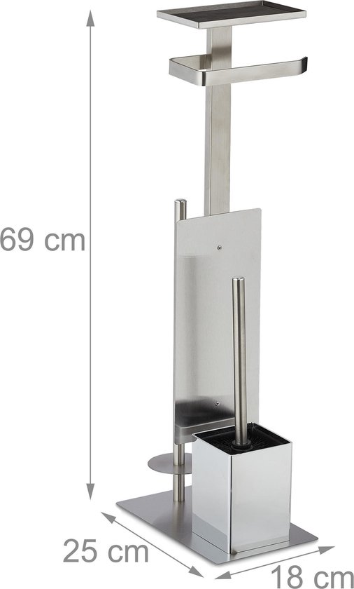 Zilverkleurige toiletrolhouder met afmetingen 69x25x18 cm. Met plankje en wc-borstelhouder.