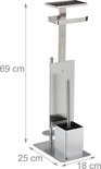Zilverkleurige toiletrolhouder met afmetingen 69x25x18 cm. Met plankje en wc-borstelhouder.
