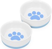 Navaris set van 2 voerbakjes - Voor hond en kat - Etensbak en waterbak van porselein - Met siliconen antislip onderzijde - Wit/Blauw