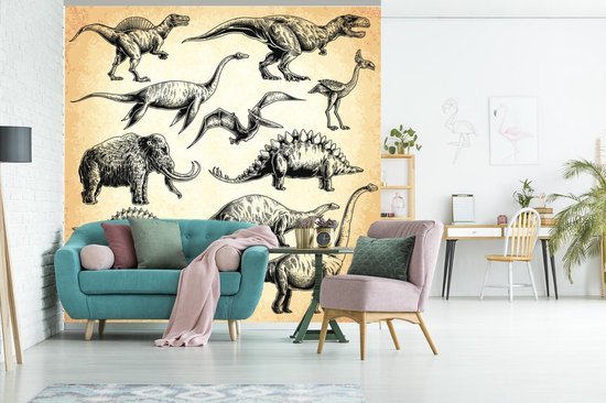 Behang - Fotobehang Dinosaurus - Vintage - Tekening - Kinderen - Jongens - Kids - Kindje - Breedte 300 cm x hoogte 300 cm