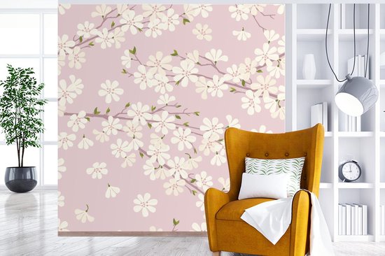 Papier peint photo vinyle - Une illustration du dessin floral de fleur de cerisier largeur 240 cm x hauteur 240 cm - Tirage photo sur papier peint (disponible en 7 tailles)