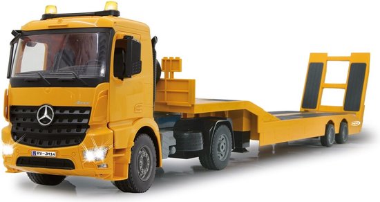 Gele Mercedes-Benz Arocs dieplader speelgoed vrachtwagen met afstandsbediening.