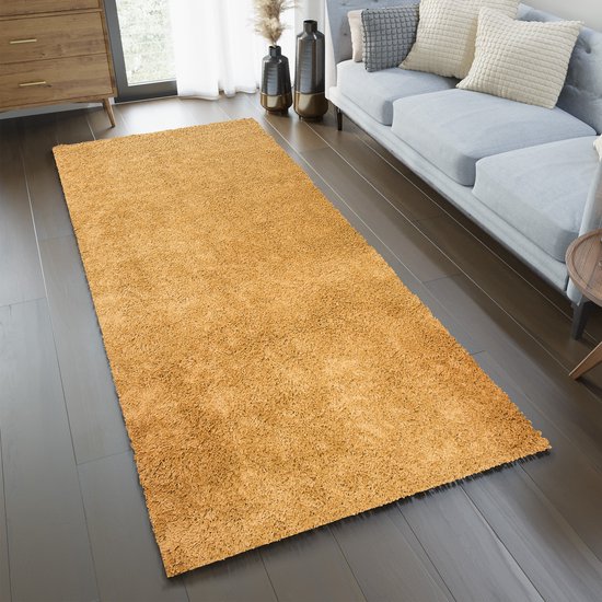 Tapis coureur doré à poils longs dans un salon à la décoration moderne.