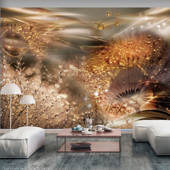 Een weergave van paardenbloemen met gouden gloed en waterdruppels, op een muur met twee witte lampen en twee witte zitbanken.