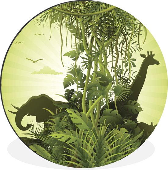 WallCircle - Wandcirkel - Muurcirkel - Groene illustratie van Afrika met wilde dieren - Aluminium - Dibond - ⌀ 60 cm - Binnen en Buiten