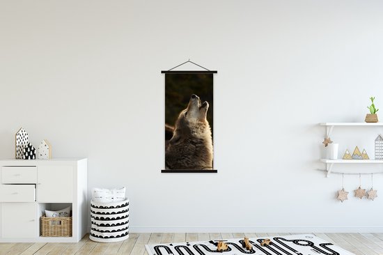 Posterhanger incl. Poster 60x120 cm - Schoolplaat - Wolf - Grijs - Dieren - Textielposter - Zwarte latten