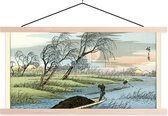 Posterhanger incl. Poster 150x75 cm - Schoolplaat - Vintage Japanse houtsnede-druk - Textielposter - Blanke latten