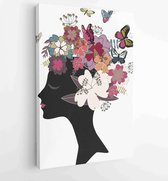 Vrouwenhoofd zwart silhouet met vlinders en bloemen in vintage kleuren in het haar. Vectorillustratie op witte achtergrond - Moderne schilderijen - Verticaal - 694223095 - 115*75 V