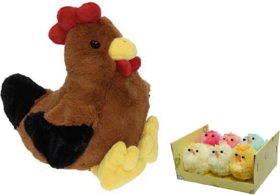 Peluche poules / coqs marron doudou de 25 cm avec 6x morceaux de mini poussins colorés 4 cm - Pâques / Décoration de Pâques