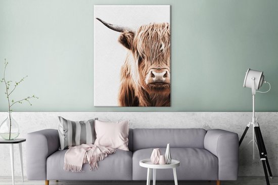 Canvas Schilderij Schotse hooglander - Koe - Wit - 90x120 cm - Wanddecoratie