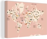 Canvas Wereldkaart - 150x100 - Wanddecoratie Wereldkaart - Kinderkamer - Dino's - Meisjes - Kinderen - Roze