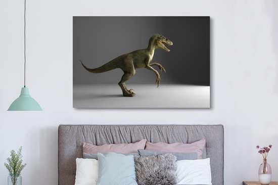 Canvas schilderij 150x100 cm - Wanddecoratie Velociraptor - Dinosaurus - Grijs - Muurdecoratie woonkamer - Slaapkamer decoratie - Kamer accessoires - Schilderijen op canvas