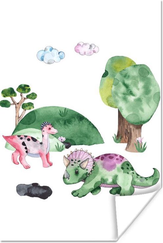 Poster Dinosaurus - Kinderkamer - Wolken - Jongens - Meisjes - Kinderen - Kind - 120x180 cm XXL - Poster Kinderkamer