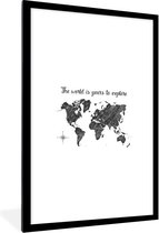 Fotolijst incl. Poster - Wereldkaart - Quotes - Zwart - Wit - 60x90 cm - Posterlijst