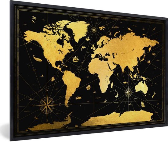 Cadre photo avec affiche - Carte du Wereldkaart - Or - Zwart - Luxe - 30x20 cm - Cadre pour affiche