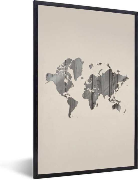 Affiche avec cadre Carte du Wereldkaart - Planche de bois - Grijs - 40x60 cm