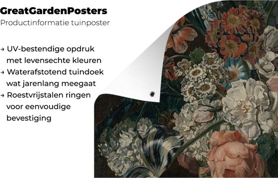 Affiche de jardin Nature morte aux fleurs - Peinture de Cornelia van der Mijn - 80x40 cm - Décoration murale Extérieur - Affiche de jardin - Toile de jardin - Affiche de clôture - Peinture de jardin