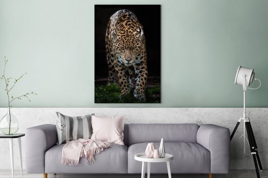 Canvas Schilderij Jaguar - Zwart - Gras - 80x120 cm - Wanddecoratie
